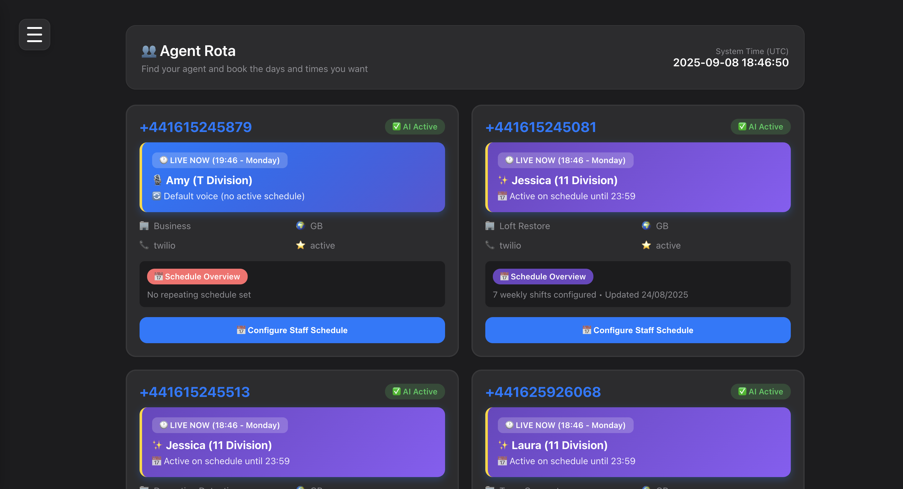 Team Connect agent rota showing rotation schedules and duty assignments